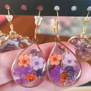 Purple and Orange Pressed Flower Teardrop Earrings